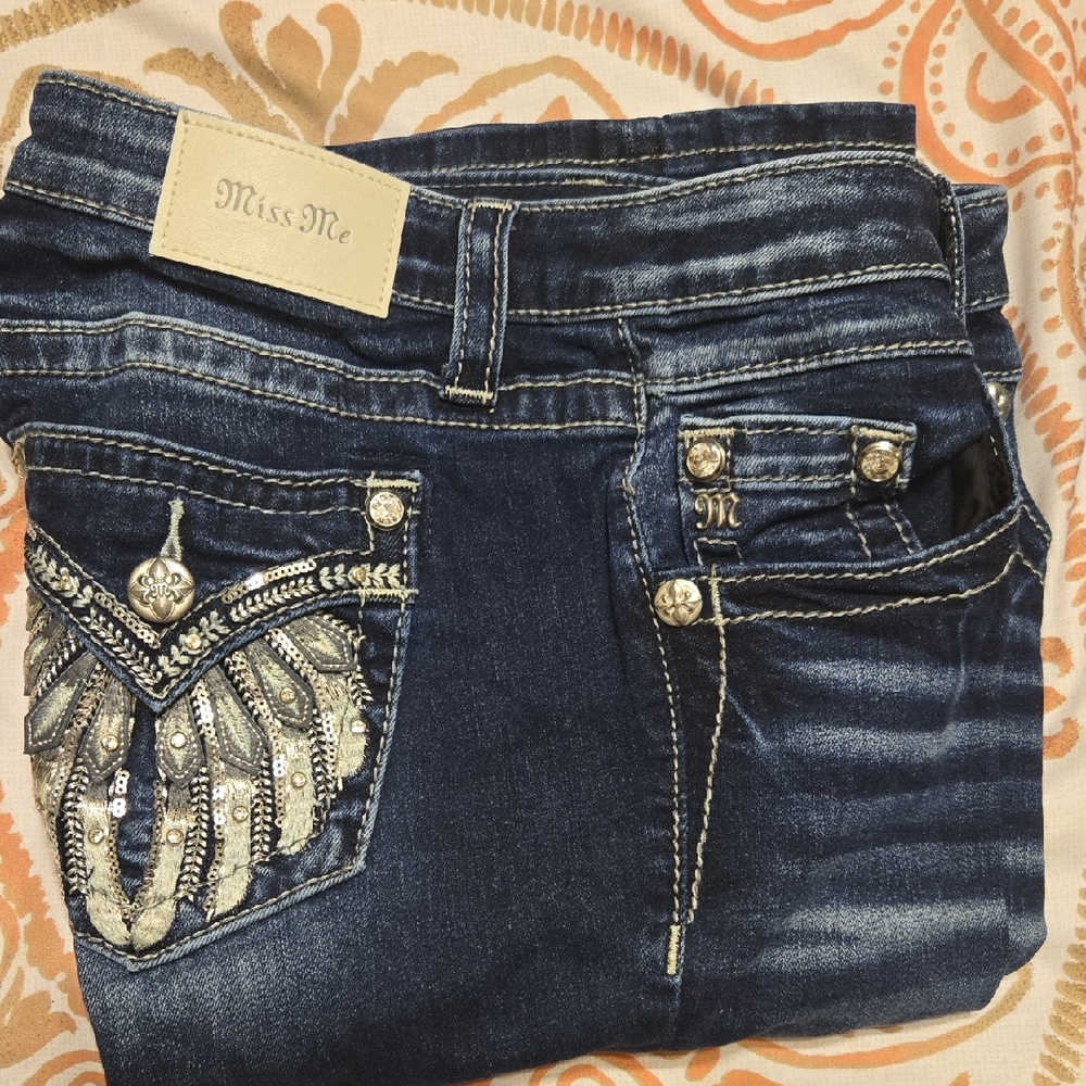 Miss Me Women's Dark Blue Boot Cut Jeans with Silver Embellishments